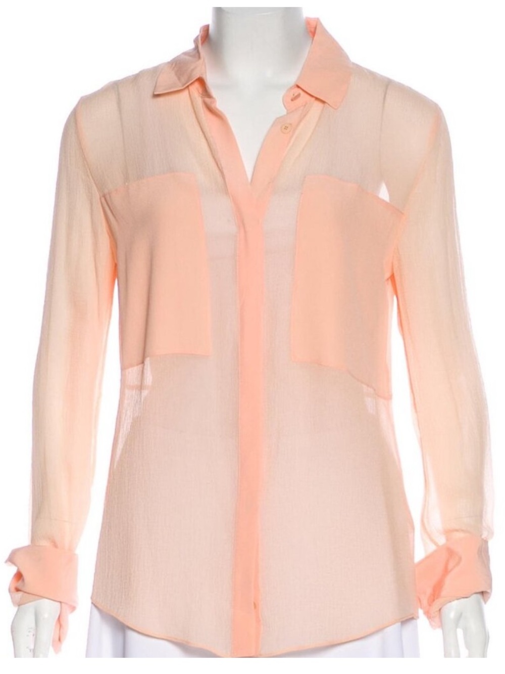 Alexander Wang Peach Sheer Crepe Silk Button Up Long Sleeve French Cuff Blouse S